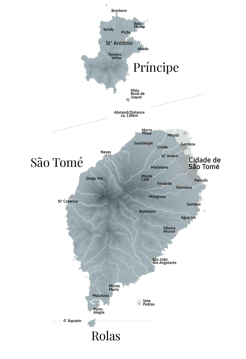 Detaillierte Landkarte der Inseln São Tomé, Príncipe und Rolas