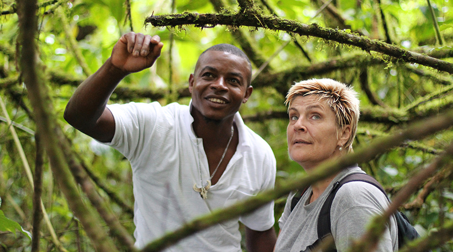 Foto einer Urwaldwanderung mit Wanderführer und Touristin in Urwald von São Tomé e Príncipe